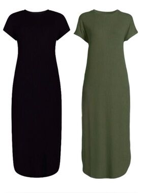 2-Pack Time & Tru Ribbed Maxi Dresses-Black & Olive-Medium-Travel Capsule Set